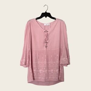 Time and Tru Daylily Pink Embroidered Bell Sleeve Tunic
